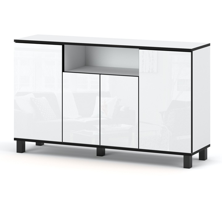 Comoda Moderna Eleganta MRBLS_HOME Bicolora Negru Lucios si Alb Mat, Multifunctionala cu 4 Usi si 9 Rafturi Spatioase, Solutie Optima de Organizare 140x80x35 cm pentru Living Dormitor Birou, Design Minimalist Durabil