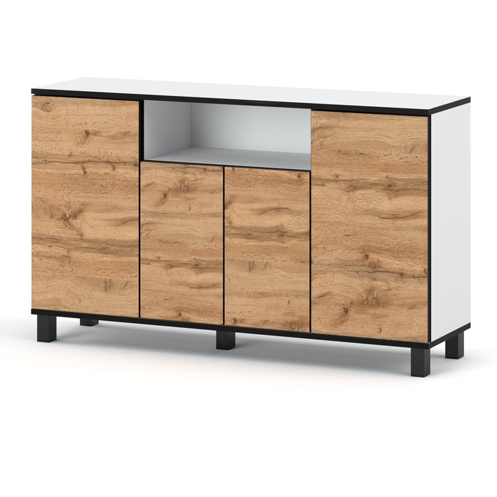 Comoda, Stiv-Meble, Model BEST4D_BMWO, Best 4, Cu 4 Usi, Stil Scandinav, Design Modern, Constructie Solida, Perfect Pentru Orice Interior, Montare Simpla, Dimensiuni 140 x 35 x 80 cm, Placa Laminata, Alb/Stejar Wotan