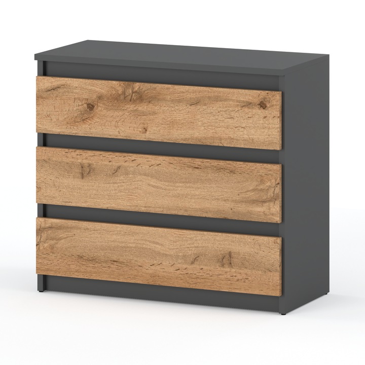 Comoda, Stiv-Meble, Model K3H_SZMWO, Cu 3 Sertare Spatioase, Design Modern, Constructie Solida, Perfect Pentru Orice Interior, Montare Simpla, Compact Marime, Dimensiuni 80 x 33.5 x 71.5 cm, Placa Laminata, Wotan/Gri