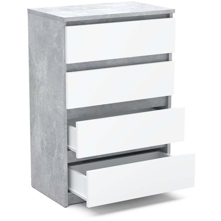 Komód, Stiv-Meble, HIT KMH_BEBM modell, 4 tágas fiókkal, modern design, masszív szerkezet, tökéletes bármilyen belső térbe, egyszerű összeszerelés, méretek 60 x 33.5 x 92.5 cm, laminált lap, beton/matt fehér