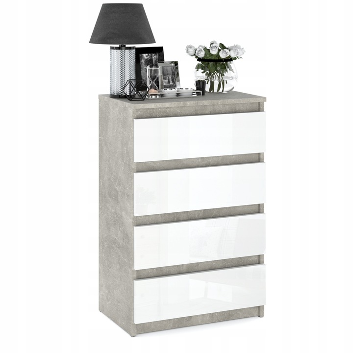 Komód, Stiv-Meble, HIT KMH_BEBP Modell, 4 Tágas Fiókkal, Modern Dizájn, Szilárd Szerkezet, Tökéletes Bármilyen Belső Térbe, Egyszerű Összeszerelés, Méretek 60 x 33.5 x 92.5 cm, Laminált Lap, Beton/Fényes Fehér
