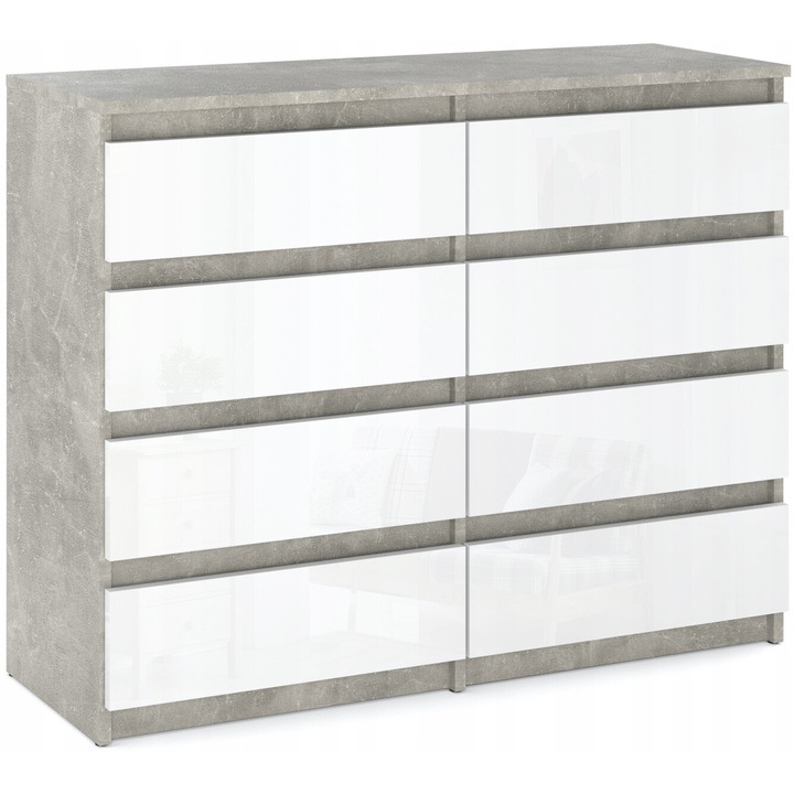 Comoda, Stiv-Meble, Model HIT KDH_BEBP, Cu 8 Sertare Spatioase, Design Modern, Constructie Solida, Perfect Pentru Orice Interior, Montare Simpla, Dimensiuni 120 x 33.5 x 92.5 cm, Placa Laminata, Alb Lucios/Beton