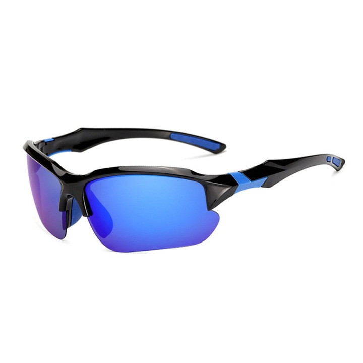 Ochelari Sport IrisBow de Ciclism cu Lentile Polarizate HD, OPTIM SOLUTION, Filtru UV400, Photochromatic, Isolation Glare, TR90 PC Frame, Integrated Wide Vision, Protejeaza Ochii, Impact Resistance, Outdoor Design, Anti-Scratch, Unisex, Albastru Inchis