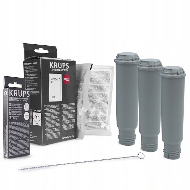 Kávéfőző karbantartó készlet, Krups kompatibilis, menetes szűrővel, Krups F054 vízkőoldóval, Krups Xs3000 tablettákkal, Seltino kefével
