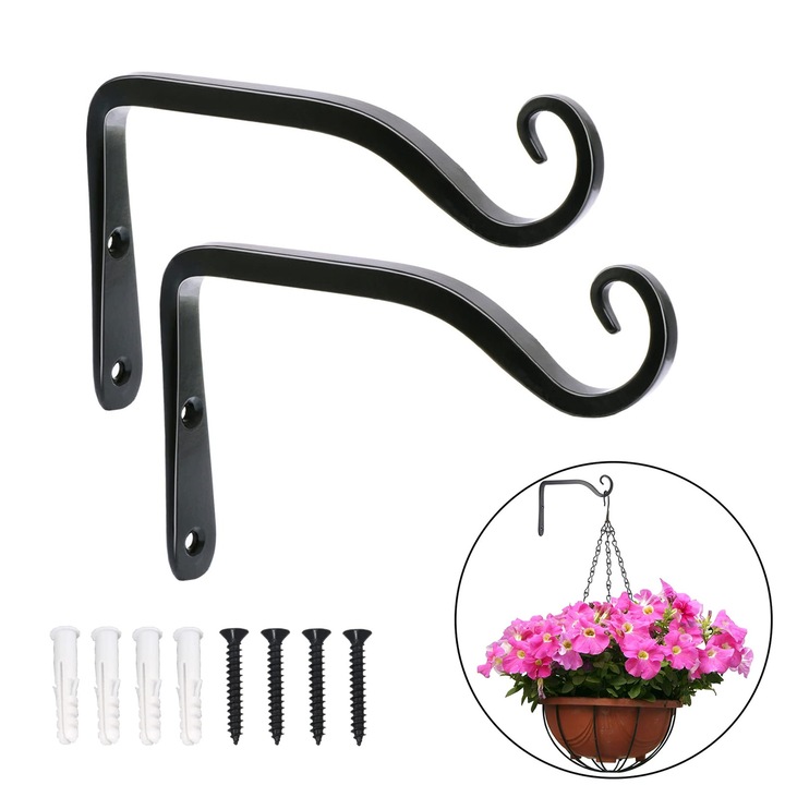 Set 2 suporturi ghiveci, NUODWELL, Cu suruburi, Rezistent la rugina si coroziune, Durabil si robust, Usor de instalat si utilizat, Pentru intrare, veranda, gradina si curtea din spate, Fier, 102x155mm, Alb/Negru