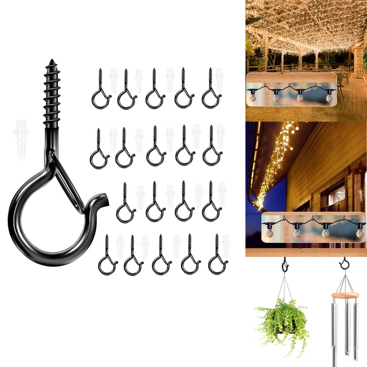 Set 20 carlige rezistente la vant, NUODWELL, Suprafata este neteda, sigura si durabila, Poate sustine pana la 10 kg, Rezistent la vant, Usor de instalat, Pentru lumini in aer liber, clopote de vant si decoratiuni de agatat, Fier, 26x55mm, Negru