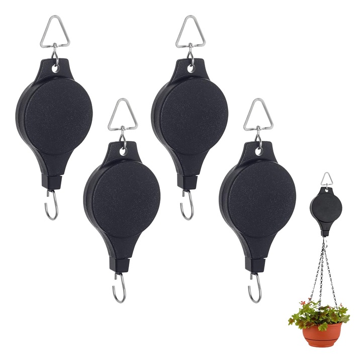 Set 4 scripeti pentru plante, NUODWELL, Cu carlig, Retractabil, 90cm lungime maxima, 15kg capacitate, Durabil si robust, Pentru plante in ghiveci, cosuri de flori, colivii si hranitori pentru pasari, ABS/Metal, 20.5x7.5cm, Negru