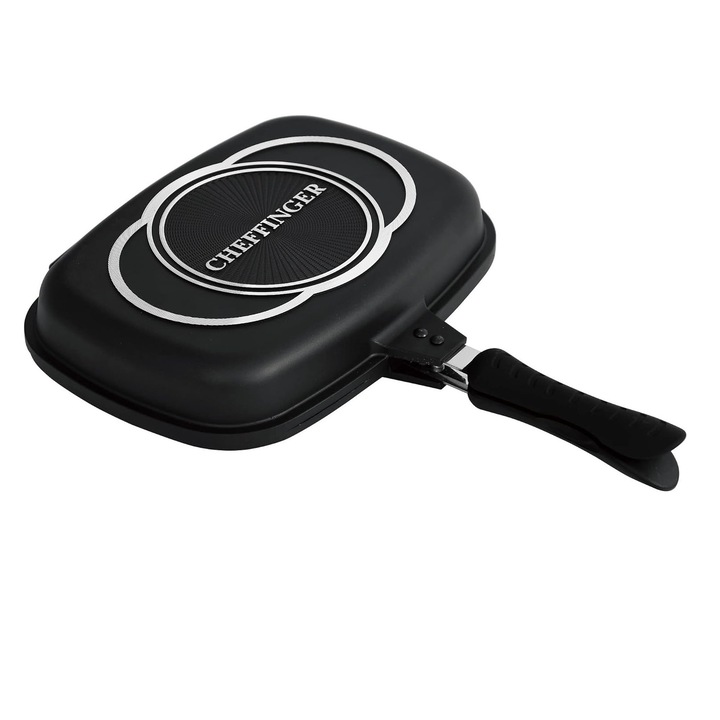 Tigaie dubla Cheffinger CF-DG36, 36 cm, aluminiu, interior marmorat, negru