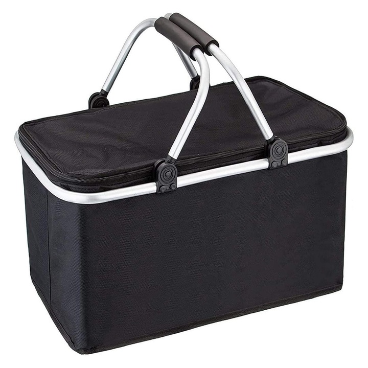 Összecsukható piknikkosár, NUODWELL, Gumi fogantyúkkal, Űrtartalom 30L, Magas hőállóság, Könnyen használható és hordozható, Ételszállításhoz, piknikhez, kempingezéshez és bevásárláshoz, Oxford, 45x22cm, Fekete