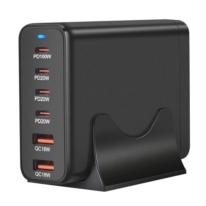 200W GaN зарядна станция 6 порта QC2.0, QC3.0, PD, PD 3.0 USB Type-C бързо зареждане за смартфон, MacBook Pro, лаптоп, iPad, Samsung Galaxy, iPhone, RiKbo®
