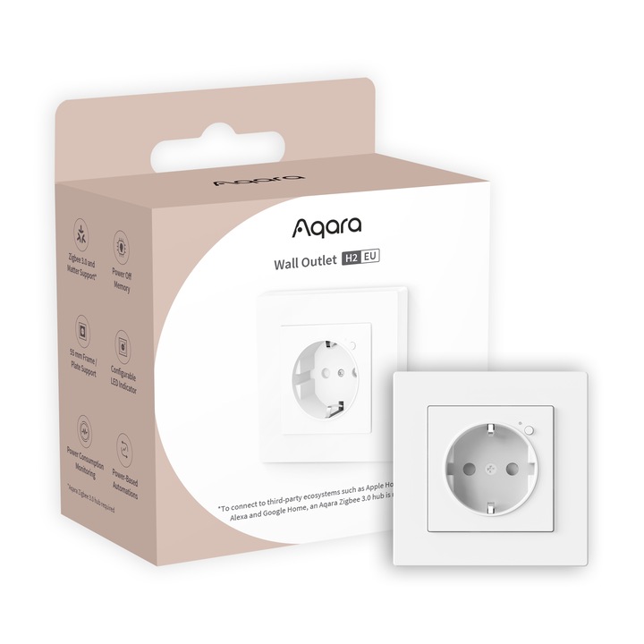 Смарт контакт Aqara H2 EU, WP-P01D, 16 A за повечето устройства, различни опции за управление, поддръжка на HomeKit и Matter и изключителни функции на Aqara Home, бял