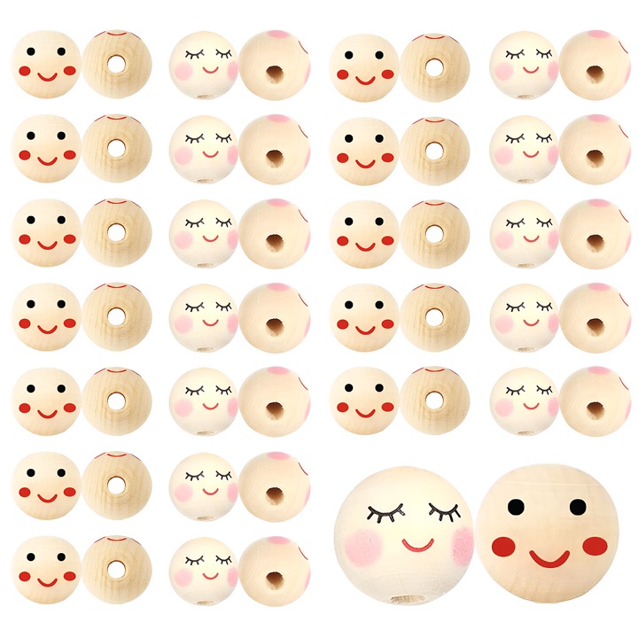 Set de margele din lemn cu fata zambitoare, Enforose, ecologice, netede, 60 buc