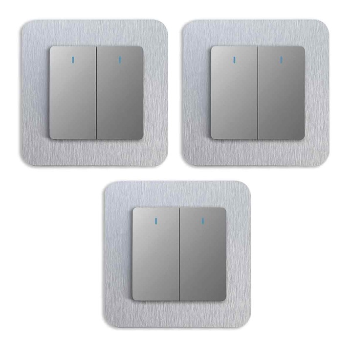 Set de 3 rame decorative pentru intrerupator 0805BM-BST3118021, pentru intrerupatoare standard UK, acrilic/plastic, aspect metalic periat, argintiu, dimensiune interioara 8.6 x 8.6 cm (exterioara 14.6 x 14.6 cm)