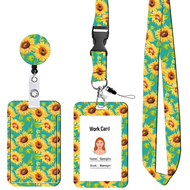 Set 2 ecusoare cu snur, Bghyhyhi, Model floarea-soarelui, Lungime ajustabila, Verde/Galben