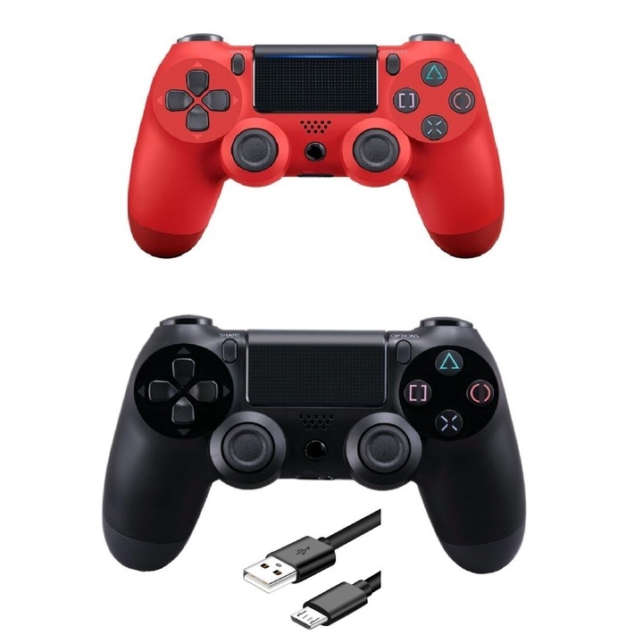 Set 2 controller wireless doubleshock, PS4, compatibil, PS-TV si PS Now, cu vibratii, cablu incarcator inclus, Rosu si negru, HAPPY JOKER®