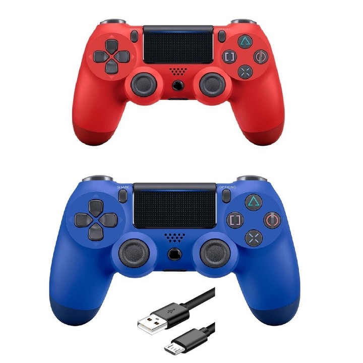 Set 2 controller wireless doubleshock, PS4, compatibil, PS-TV si PS Now, cu vibratii, cablu incarcator inclus, Rosu si albastru, HAPPY JOKER®