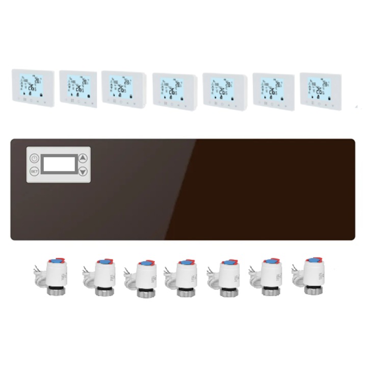 Sistem automatizare incalzire in pardoseala wireless controlat prin internet centru de comanda incalzire pardoseala, 8 termostate inteligente wireless controlate prin Internet, 8 actuatoare electrice