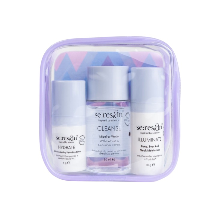Travel kit Sereskin, set 3 mini-produse skincare, toate tipurile de ten, apa micelara, ser, crema