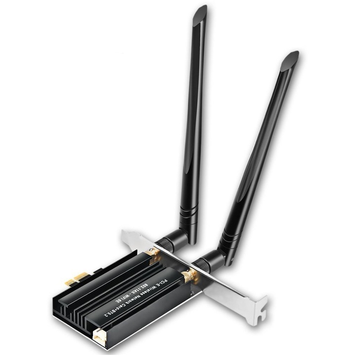 Placa de retea Wireless AX5400, WALALLA, Bluetooth 5.2, Wi-Fi 6, PCI-E, pentru PC 5400 Mbps, 2 antene Wi-Fi, cu MU-MIMO, Windows 11/10 compatibil, 64 biti, Negru