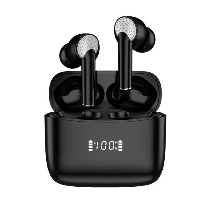 Bluetooth fülhallgató, LED digitális kijelzővel, IPX5 vízálló, zajszűrő, fekete