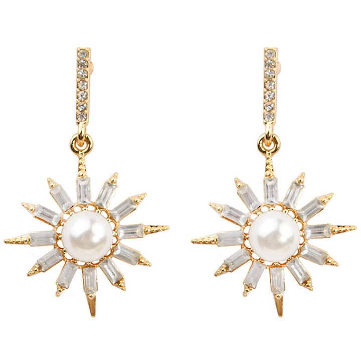 Cercei cu perla si cristal, design floare de soare, auriu, 2.2x4.5cm