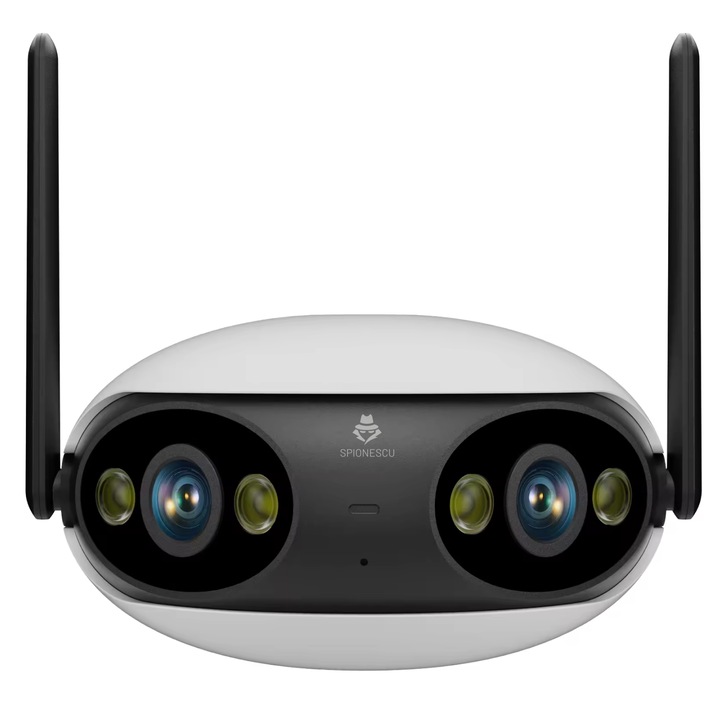 Camera de supraveghere dubla, Spionescu, F2, 4MP, 2K Ultra HD, WiFi + PoE, 5X zoom, 180°, comunicare bidirectionala, IP66, stocare card/cloud, senzor miscare, alb
