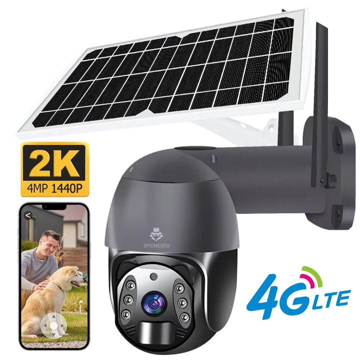 Camera de supraveghere cu panou solar, Spionescu, Q6, 4MP, 4G, PTZ, vedere nocturna, comunicare bidirectionala, senzor de miscare, stocare cloud/card, negru