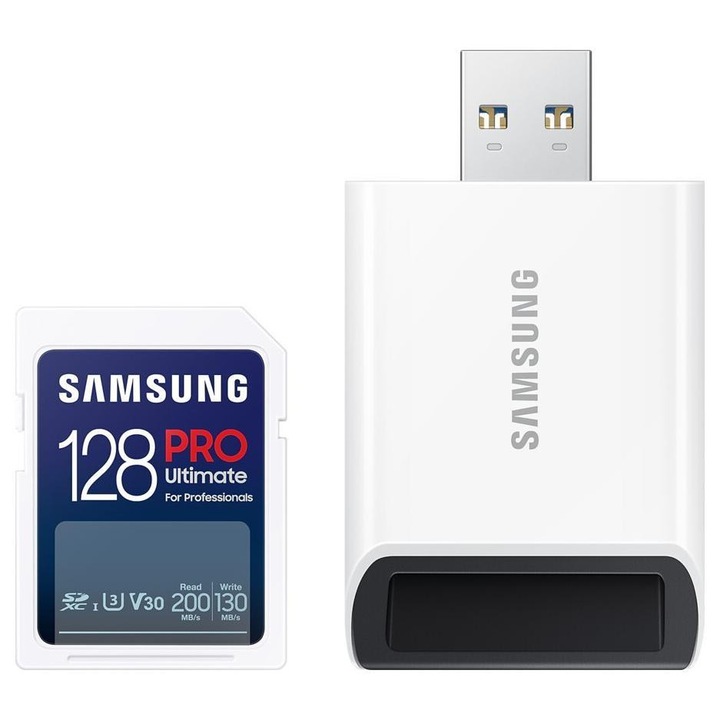 Карта памет Samsung PRO Ultimate, 128GB, SDXC, UHS-I U3, V30, включен USB адаптер