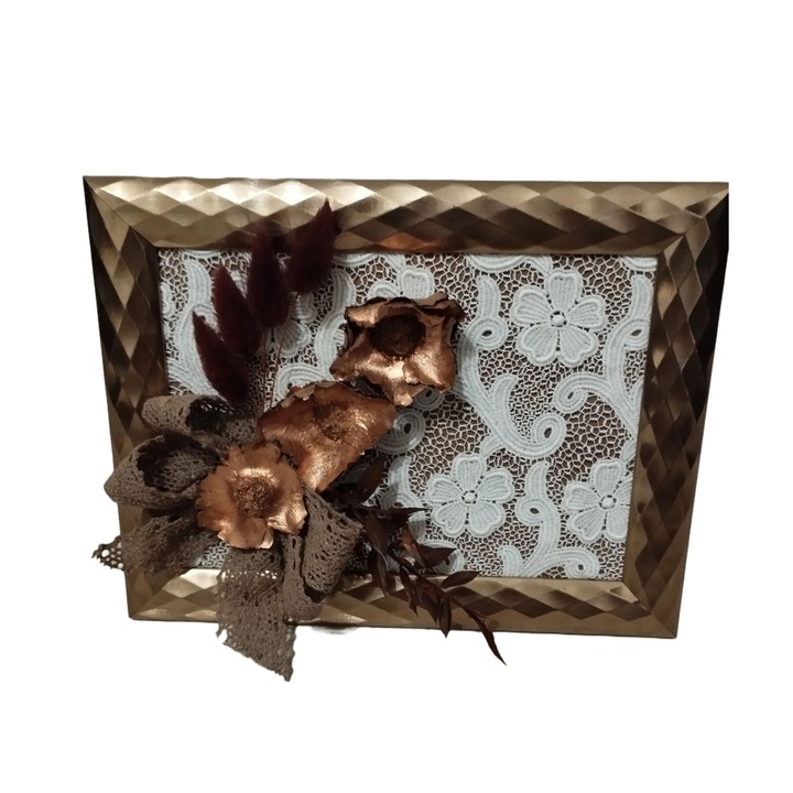 Aranjament floral multicolor, in rama bronz, din flori naturale stabilizate, 20 cm