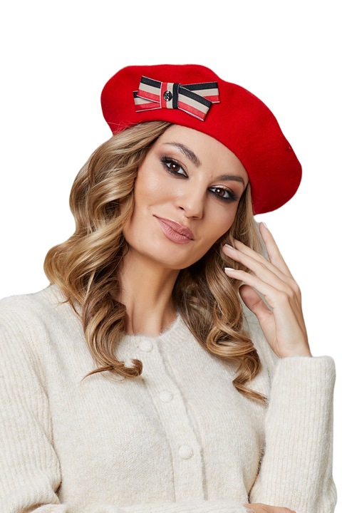 Bereta de dama Ralenne Petula cu fundita, 100% Lana, Rosu