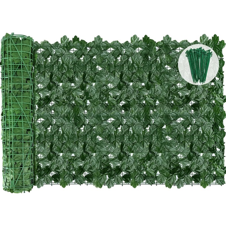 Gard viu Artificial, Paravan cu Frunze Iedera Imitatie Gard Viu, 300 x 50 cm, 5 Panouri cu Dimensiunile 50 x 60 cm, Coliere Prindere 100 buc, Verde