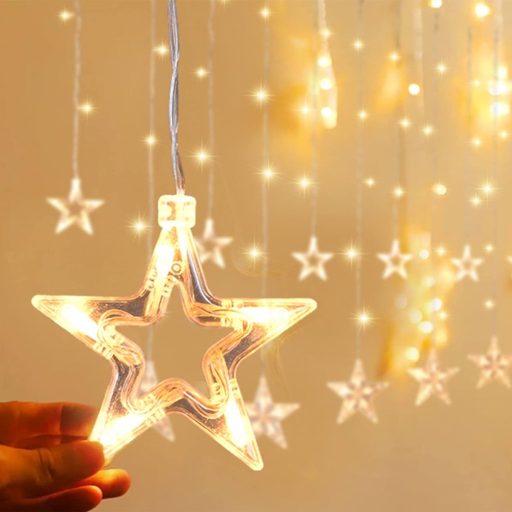 Instalatie Craciun, AxmasPtreeP, 12 stelute, 8 moduri iluminare, temporizator, conectabil, alb cald