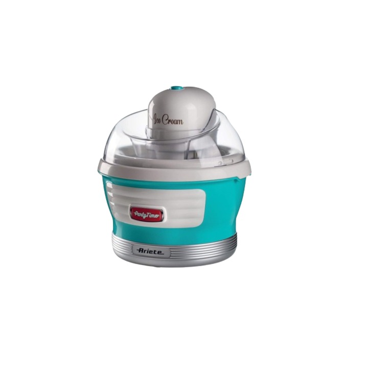 Aparat de inghetata, sorbet si iaurt inghetat 0643 Party Time Maker Ariete, Capacitate 1.5 l, Recipient detasabil, 12 W, Buton On/Off, Alb/ Bleu