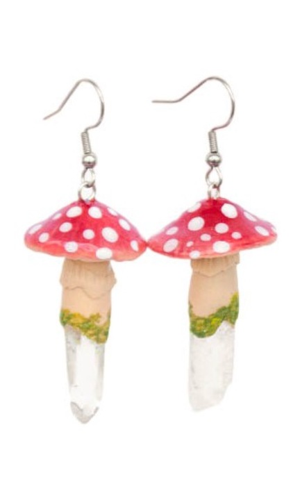 Piros gombás kézzel készített fülbevaló hegyikristályos, rozsdamentes acél