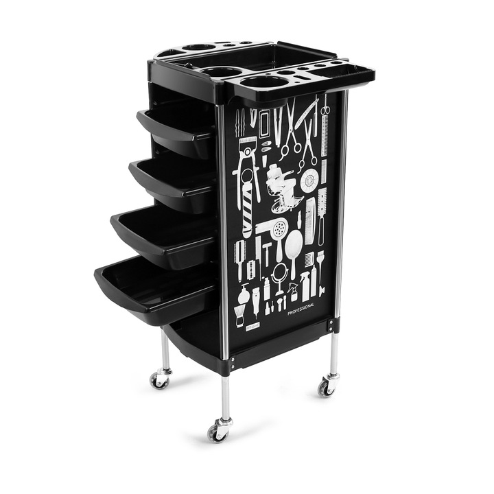 Ucenic saloane coafura cu imprimeu, rotile silicon, negru, 37x31x90 cm