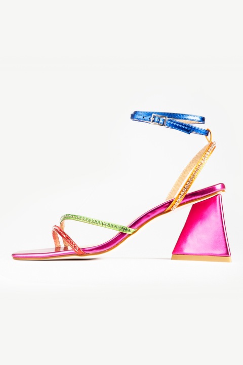 RAID®, Sandale de piele ecologica cu toc si aspect metalic Sana, Turcoaz, Roz, 36