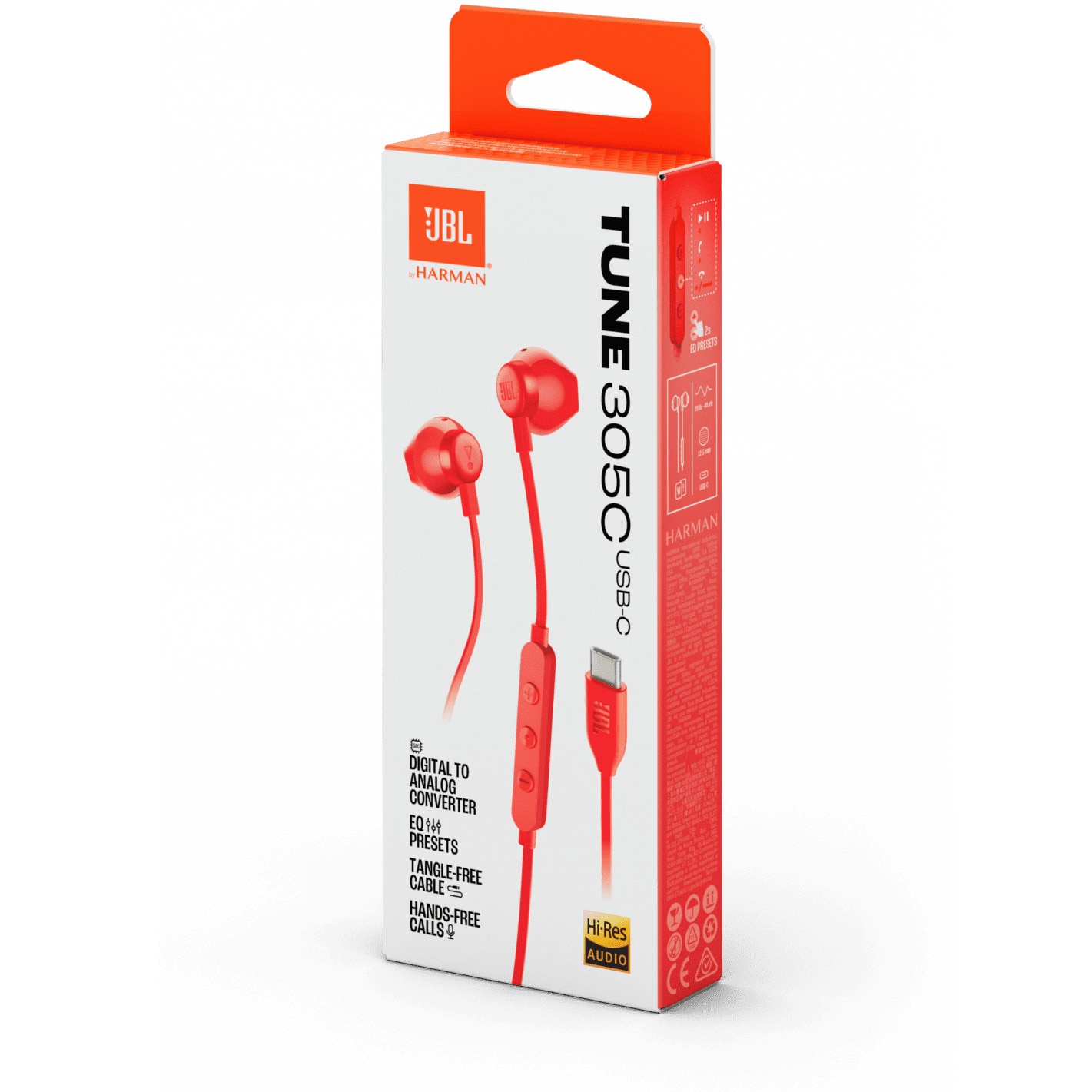 Casti In-Ear cu fir JBL Tune 305C, Pure Bass, Hi-Res, USB-C, Rosu