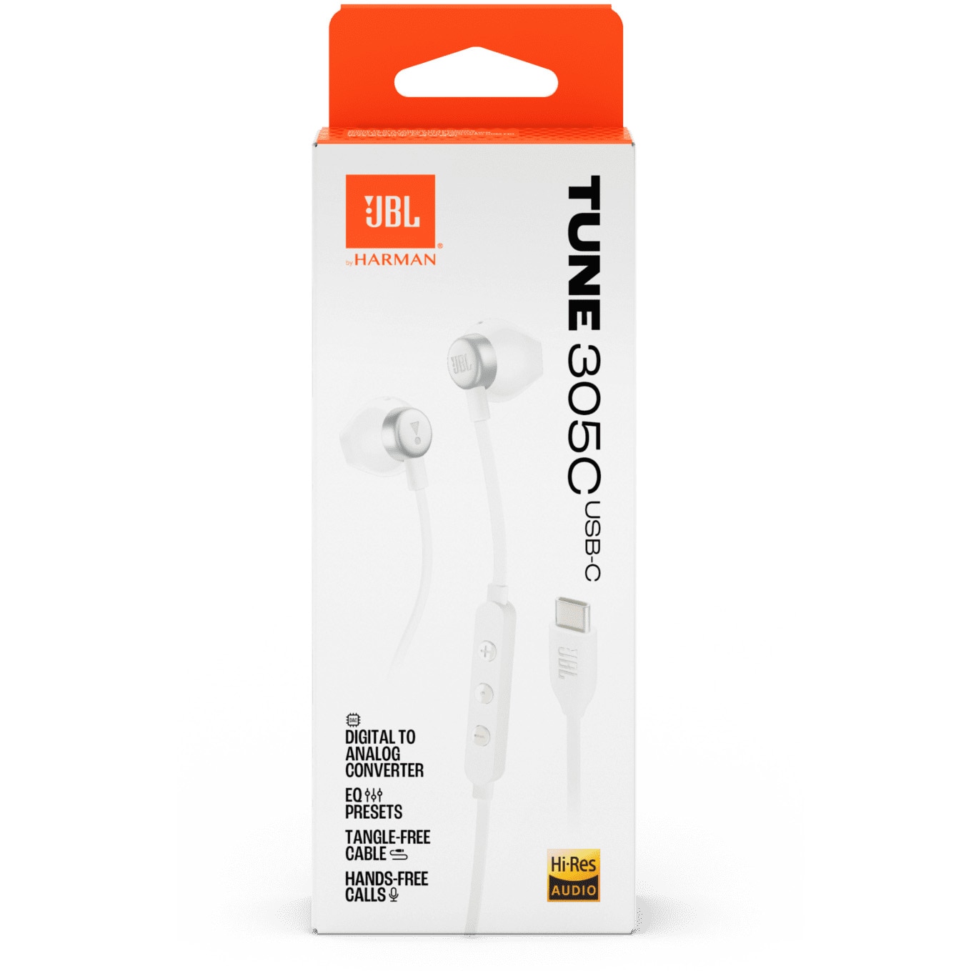 Casti In-Ear cu fir JBL Tune 305C, Pure Bass, Hi-Res, USB-C, Alb