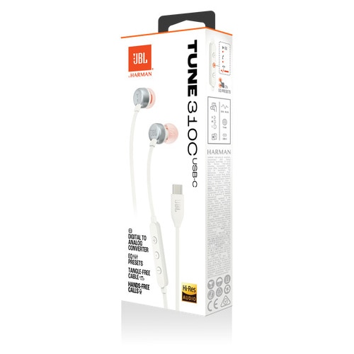 Casti In-Ear cu fir JBL Tune 310C, Pure Bass, Hi-Res, USB-C, Alb