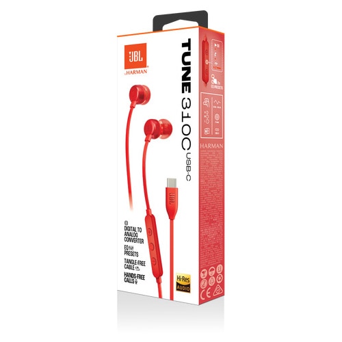 Casti In-Ear cu fir JBL Tune 310C, Pure Bass, Hi-Res, USB-C, Rosu