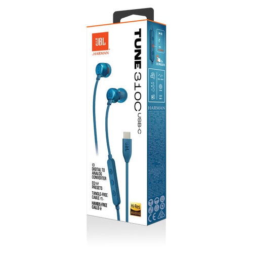 Casti In-Ear cu fir JBL Tune 310C, Pure Bass, Hi-Res, USB-C, Albastru