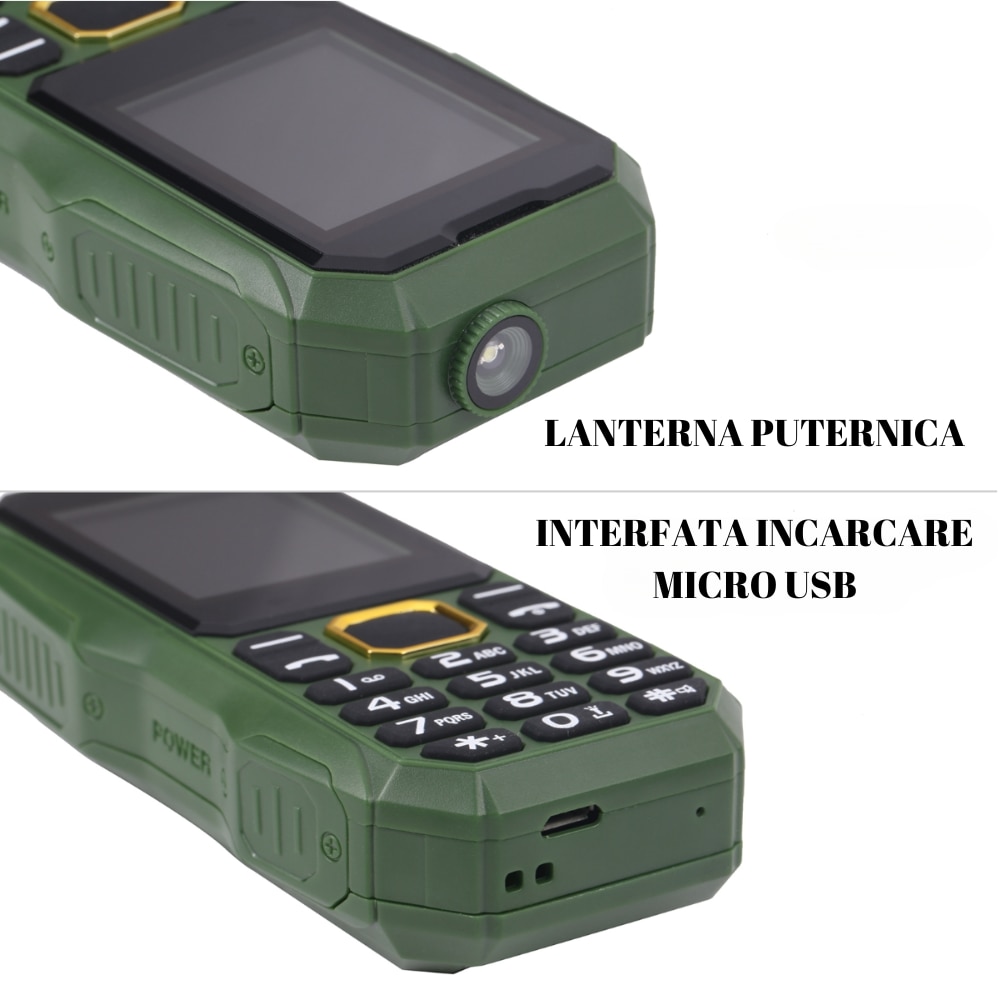 Telefon Militar One Blasko®, Dual Sim cu Carcasa Antisoc, Acumulator de mare putere 5800mah, Lanterna, Radio, Slot Sim