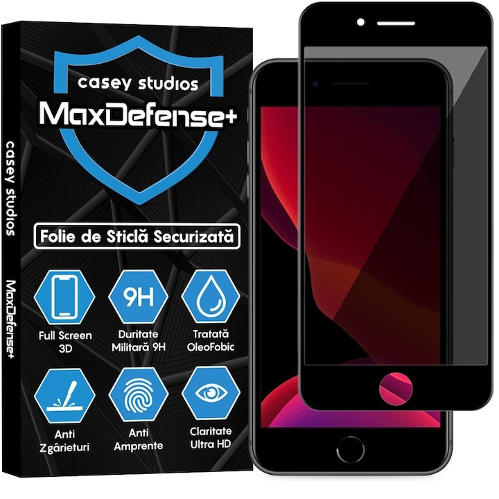 CASEY STUDIOS™ Betekintést gátló üvegfólia Apple iPhone 7 / 8 készülékhez, MaxDefense+ Betekintés, Teljes 3D fólia, Teljes ragasztó, Edzett üveg, Katonai keménység, Ultra HD, Professzionális 3D képernyővédelem, Karcálló, Ütésálló, Fekete