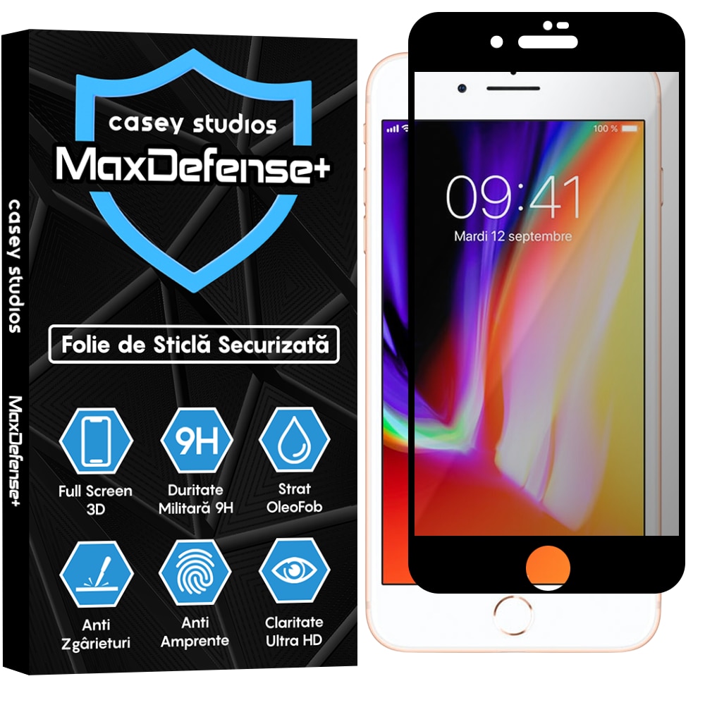 Folie Sticla Privacy CASEY STUDIOS™ compatibila cu iPhone 7 / 8, MaxDefense+ Privacy, Full Cover 3D, Full Glue, Sticla Securizata, Duritate Militara, Ultra HD, Protectie Profesionala Ecran 3D, Anti Zgarieturi, Anti Socuri, Negru