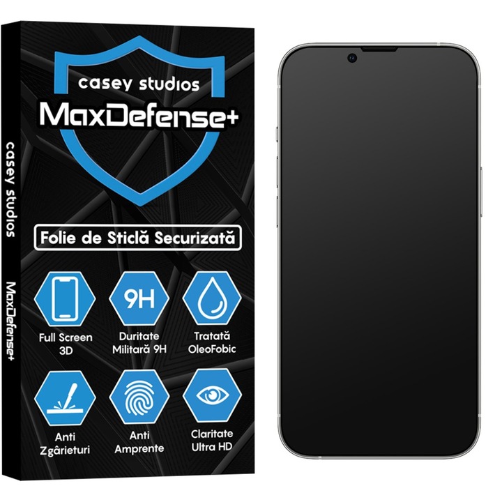CASEY STUDIOS™ matt üvegfólia Apple iPhone 13 / 13 Pro készülékhez, MaxDefense+ matt, teljes 3D fólia, teljes ragasztó, edzett üveg, katonai keménység, Ultra HD, professzionális 3D képernyővédelem, karcálló, ütésálló, fekete
