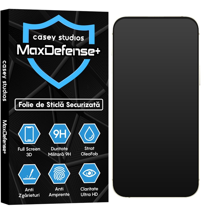 Folie Sticla Mata CASEY STUDIOS™ compatibila cu iPhone 15 Plus, MaxDefense+ Matte, Full Cover 3D, Full Glue, Sticla Securizata, Duritate Militara, Ultra HD, Protectie Profesionala Ecran 3D, Anti Zgarieturi, Anti Socuri, Negru