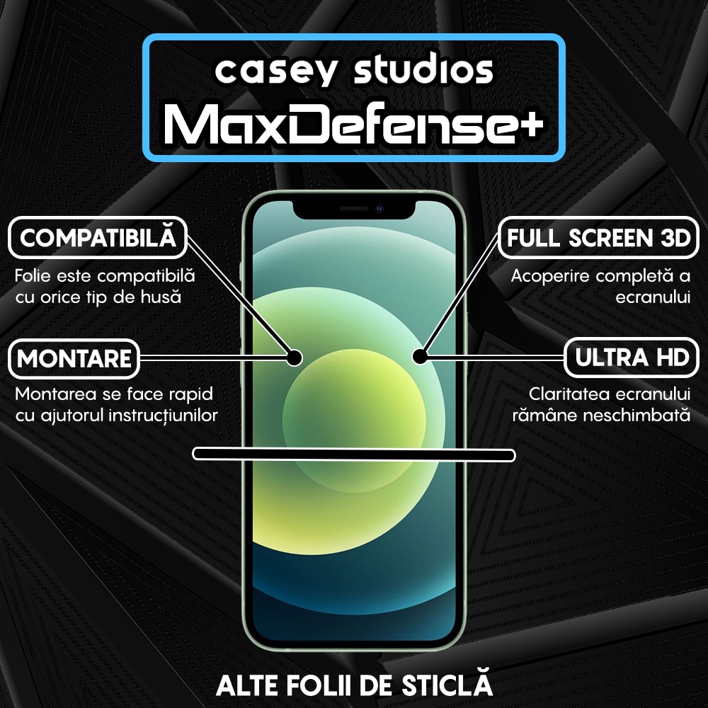 Folie Sticla CASEY STUDIOS™ compatibila cu iPhone 12 Mini, Full Cover 3D, Full Glue, Sticla Securizata, Duritate Militara, Ultra HD, Protectie Profesionala Ecran 3D, Anti Zgarieturi, Anti Socuri, Margini Negre