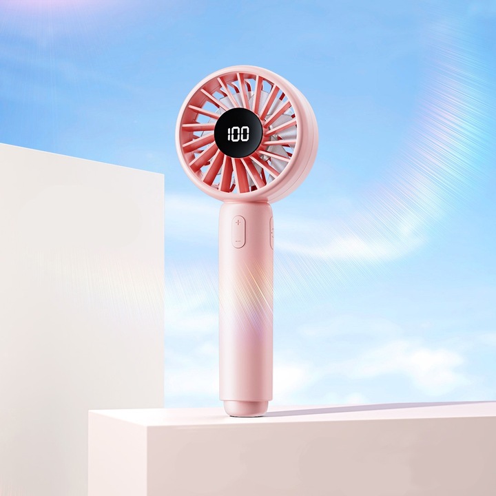 Hordozható hűtőventilátor, csendes, 5 sebességfokozat, C típusú töltés, LED kijelző, rózsaszín