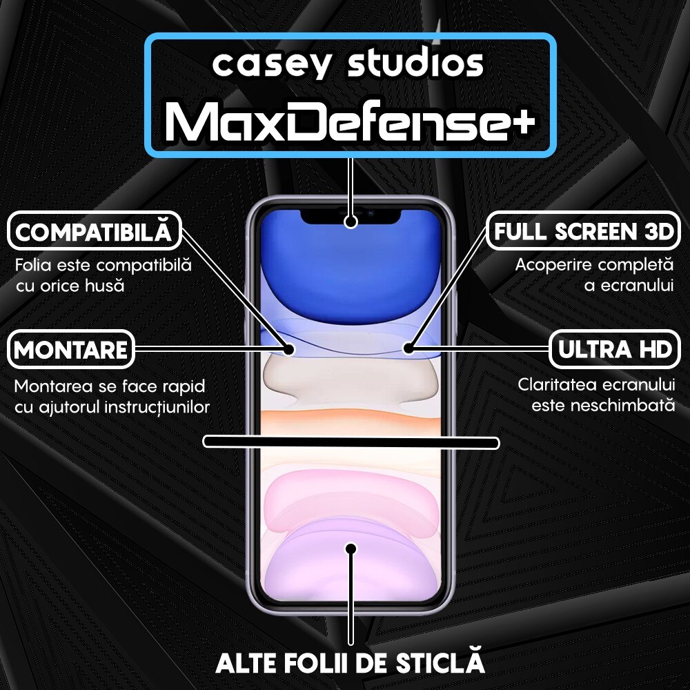 Folie Sticla CASEY STUDIOS™ compatibila cu iPhone 11 Pro, MaxDefense+ Classic, Full Cover 3D, Full Glue, Sticla Securizata, Duritate Militara, Ultra HD, Protectie Profesionala Ecran 3D, Anti Zgarieturi, Anti Socuri, Negru