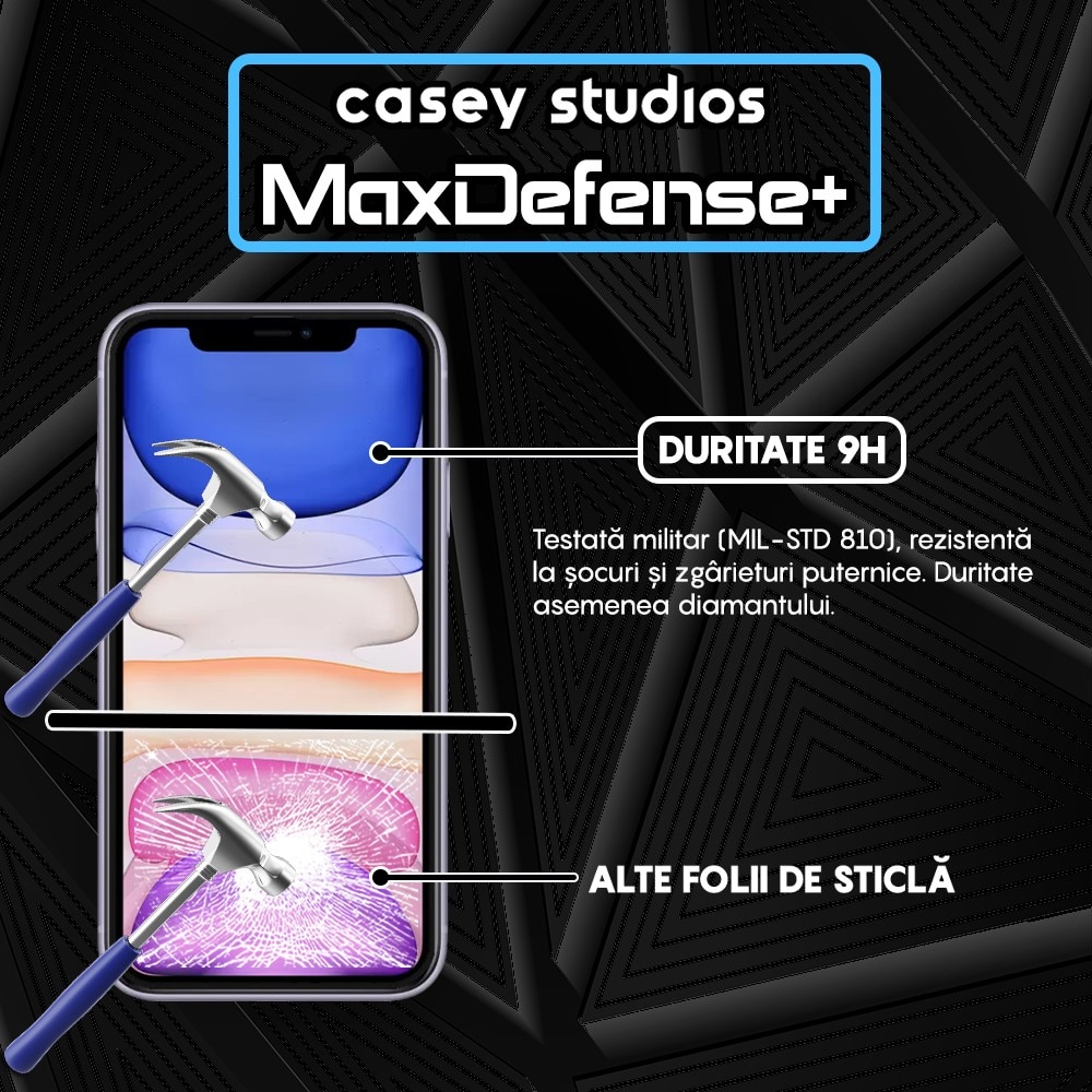 Folie Sticla CASEY STUDIOS™ compatibila cu iPhone 11 Pro, MaxDefense+ Classic, Full Cover 3D, Full Glue, Sticla Securizata, Duritate Militara, Ultra HD, Protectie Profesionala Ecran 3D, Anti Zgarieturi, Anti Socuri, Negru